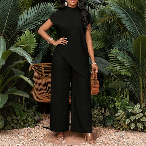 Damen Zweiteiler mit Rundhalsshirt und High-Waist Wide-Leg-Hose – Mirelva