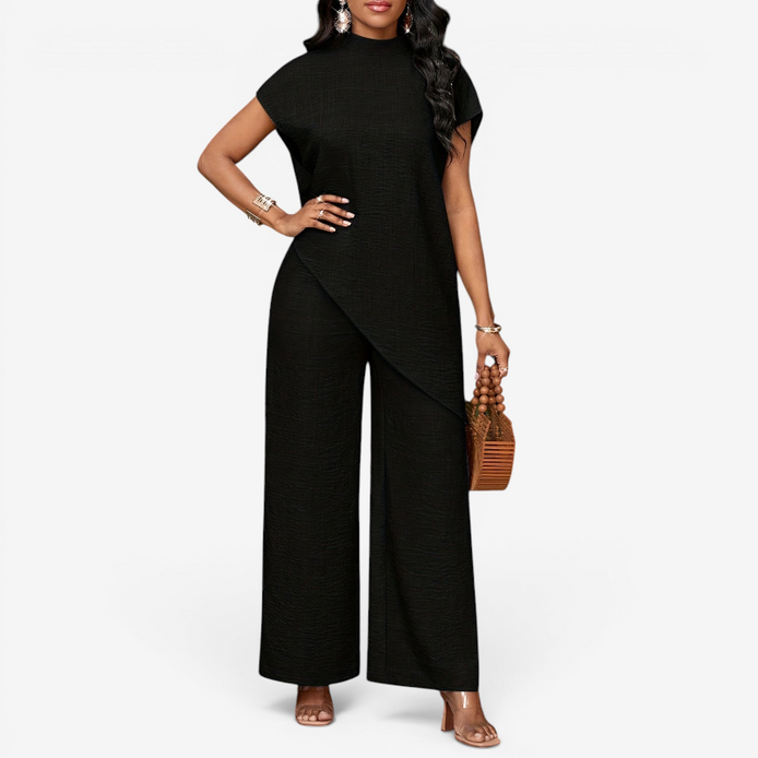 Damen Zweiteiler mit Rundhalsshirt und High-Waist Wide-Leg-Hose – Mirelva