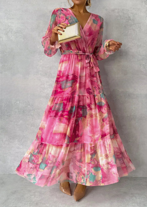 Aquarelia Maxikleid mit Farbverlauf und V-Ausschnitt – langärmeliges Kleid mit fließender Passform