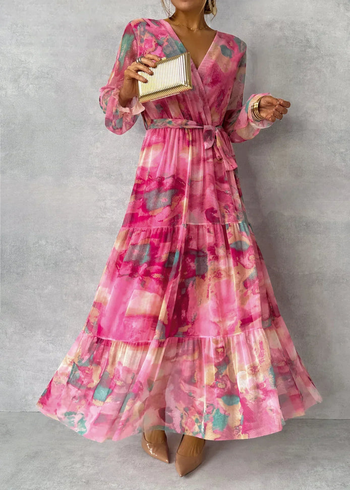 Aquarelia Maxikleid mit Farbverlauf und V-Ausschnitt – langärmeliges Kleid mit fließender Passform