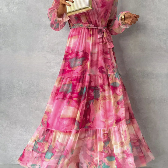 Aquarelia Maxikleid mit Farbverlauf und V-Ausschnitt – langärmeliges Kleid mit fließender Passform