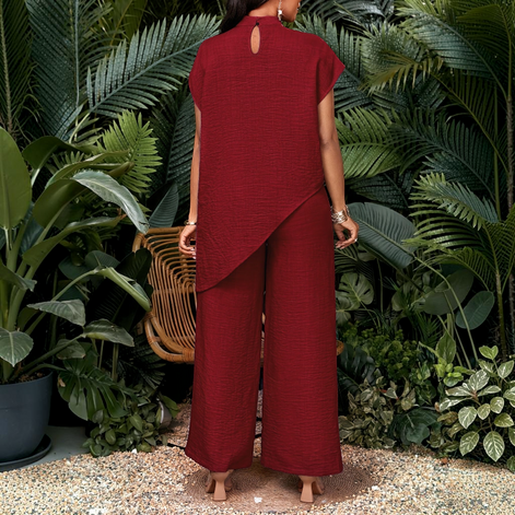 Damen Zweiteiler mit Rundhalsshirt und High-Waist Wide-Leg-Hose – Mirelva