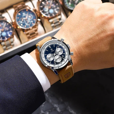 Herren Quarzuhr mit Lederarmband und Leuchtanzeige