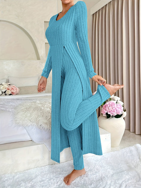Plaid Zweiteiler – Rundhals-Top mit Schlitz & passende Hose