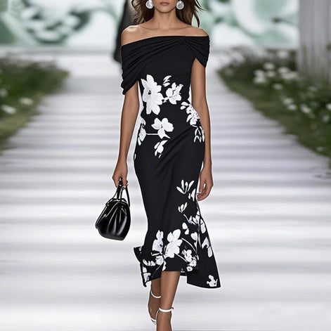 Mirella Damen Kleid mit Off-Shoulder-Ausschnitt und Blumenmuster