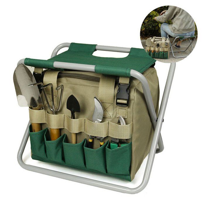 Faltbarer Gartenhocker mit Werkzeugtasche für komfortables Arbeiten im Freien