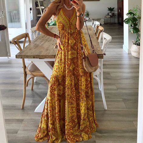 Elvaria Damen Maxikleid mit V-Ausschnitt und hoher Taille
