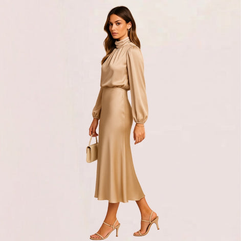 Seravelle Kleid – Damen Kleid mit Stehkragen, langen Ärmeln und Wickeloptik aus Satin