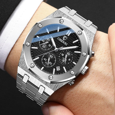 Aaronix Herren Armbanduhr mit rundem Zifferblatt und Stahlarmband