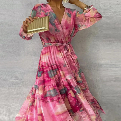 Aquarelia Maxikleid mit Farbverlauf und V-Ausschnitt – langärmeliges Kleid mit fließender Passform