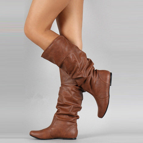 Damen Langschaftstiefel mit Raffung und niedrigem Absatz Elvarenne