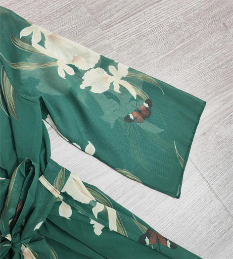 Velmira Maxikleid mit Blumenmuster und V-Ausschnitt – langärmeliges Kleid in A-Linien-Form
