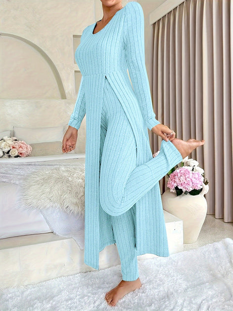 Plaid Zweiteiler – Rundhals-Top mit Schlitz & passende Hose