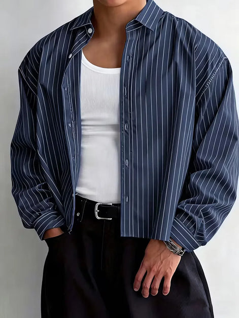 Liorenzo Herren Oversize Hemd mit Vertikalen Streifen und Klassischem Kragen