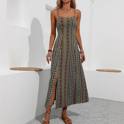 Yarelia Damen Streifen Midikleid mit Schlitz