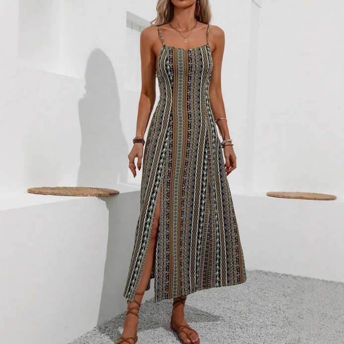 Yarelia Damen Streifen Midikleid mit Schlitz