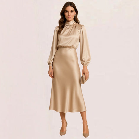 Seravelle Kleid – Damen Kleid mit Stehkragen, langen Ärmeln und Wickeloptik aus Satin