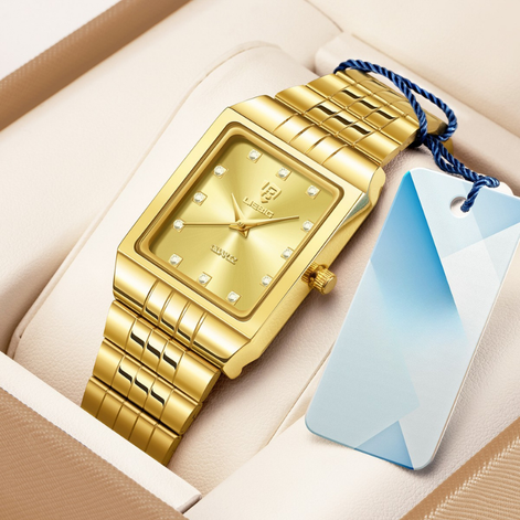Damen Quarzuhr mit rechteckigem Zifferblatt und Metallarmband