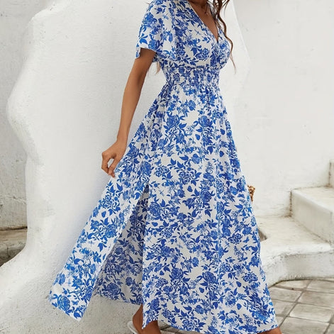 Velmoria Damen Maxikleid mit Print und V-Ausschnitt