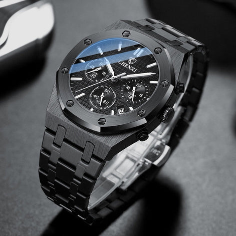 Herren Armbanduhr mit rundem Zifferblatt und Stahlarmband
