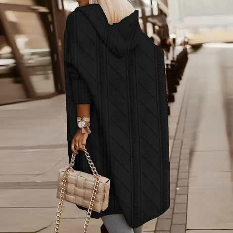 Damen Strickjacke mit Kapuze, Zopfmuster und offenen Taschen – Noravelle