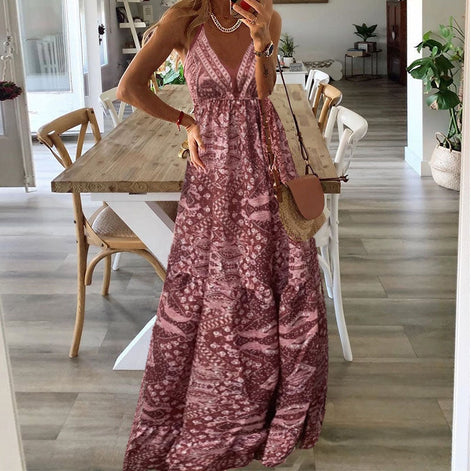 Elvaria Damen Maxikleid mit V-Ausschnitt und hoher Taille
