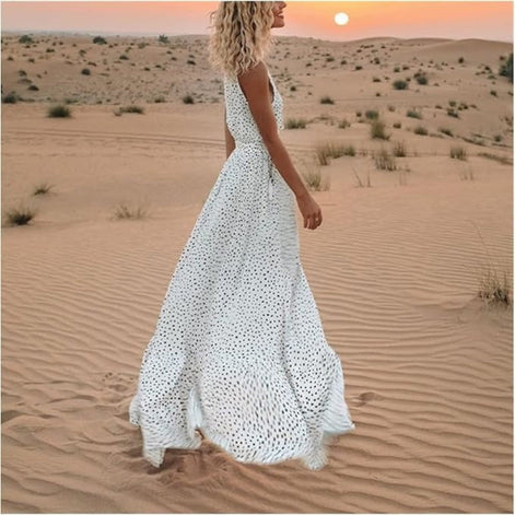 Solmirea Damen Maxikleid mit V-Ausschnitt und ärmellosem Design