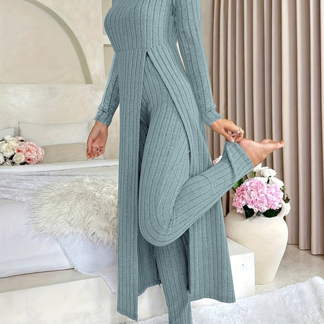 Plaid Zweiteiler – Rundhals-Top mit Schlitz & passende Hose