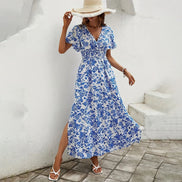 Velmoria Damen Maxikleid mit Print und V-Ausschnitt