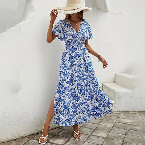 Velmoria Damen Maxikleid mit Print und V-Ausschnitt