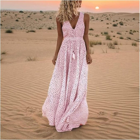 Solmirea Damen Maxikleid mit V-Ausschnitt und ärmellosem Design