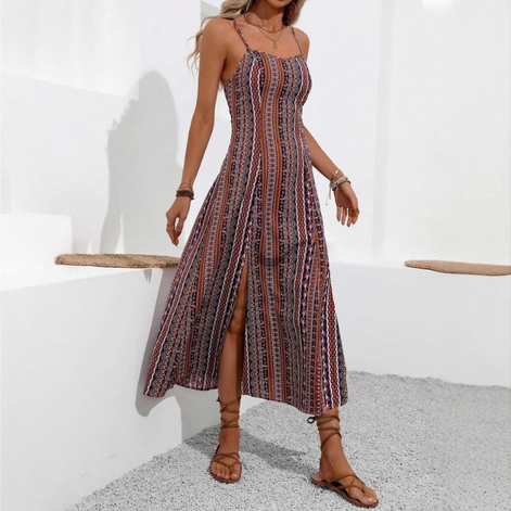 Yarelia Damen Streifen Midikleid mit Schlitz