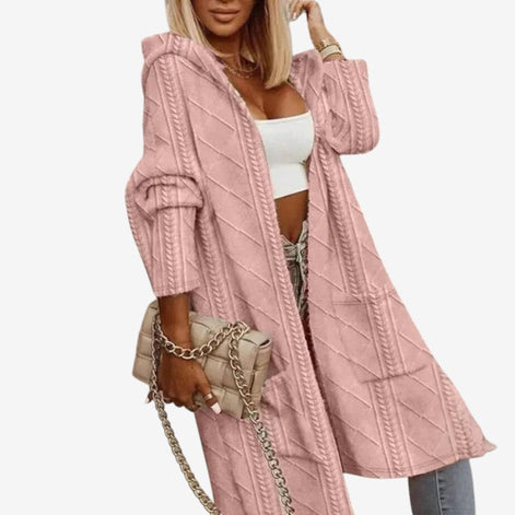 Damen Strickjacke mit Kapuze, Zopfmuster und offenen Taschen – Noravelle