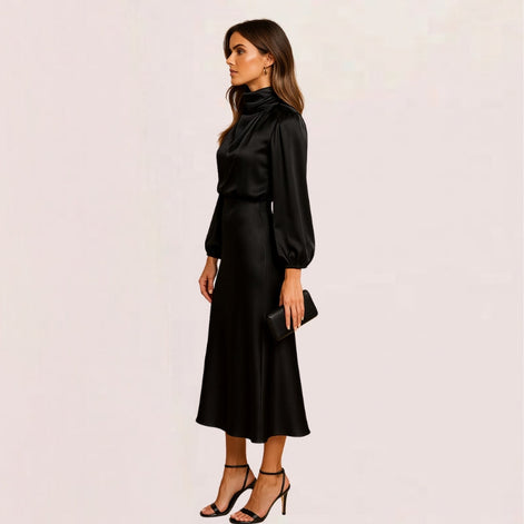 Seravelle Kleid – Damen Kleid mit Stehkragen, langen Ärmeln und Wickeloptik aus Satin