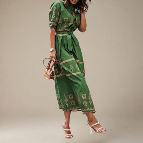 Lunarelle Damen Midikleid mit Print und Bindegürtel