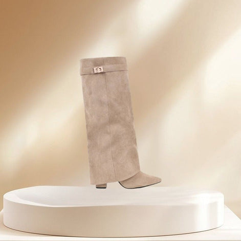 Velmira Stiefel – Damen kniehohe Stiefel mit Blockabsatz und Wildlederoberfläche