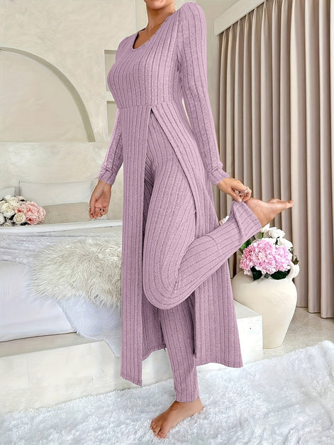 Plaid Zweiteiler – Rundhals-Top mit Schlitz & passende Hose