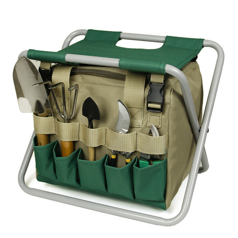 Faltbarer Gartenhocker mit Werkzeugtasche für komfortables Arbeiten im Freien