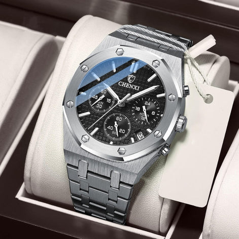 Herren Armbanduhr mit rundem Zifferblatt und Stahlarmband