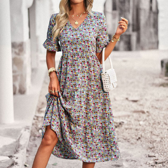 Lunaria Damenkleid mit V-Ausschnitt und Blumenprint