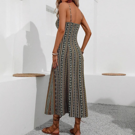 Yarelia Damen Streifen Midikleid mit Schlitz