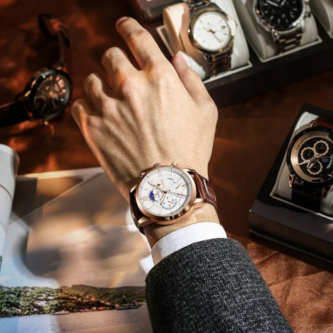 Herren Armbanduhr mit Lederarmband und rundem Zifferblatt