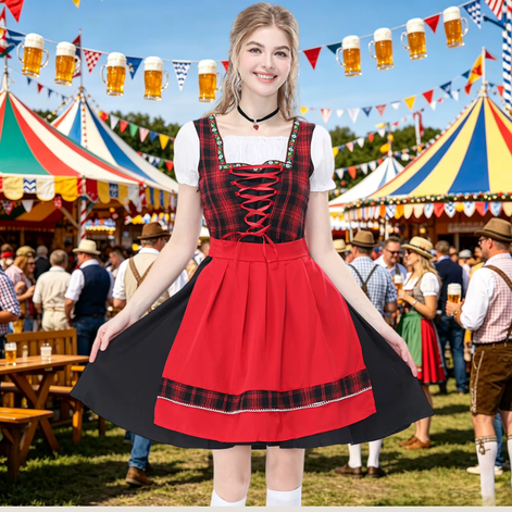 Damen Oktoberfest Dirndl mit Karomieder, Puffärmeln und Schürze – Elsbeth
