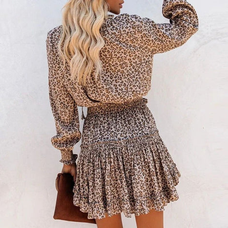 Zafrina Damen Kleid mit Leopardenmuster und Volantärmeln