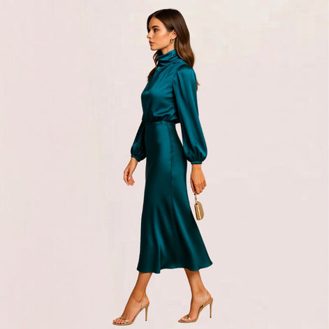 Seravelle Kleid – Damen Kleid mit Stehkragen, langen Ärmeln und Wickeloptik aus Satin