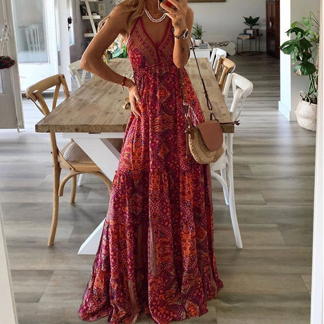 Elvaria Damen Maxikleid mit V-Ausschnitt und hoher Taille