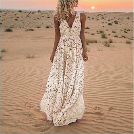 Solmirea Damen Maxikleid mit V-Ausschnitt und ärmellosem Design