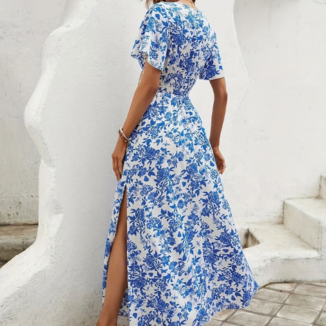 Velmoria Damen Maxikleid mit Print und V-Ausschnitt