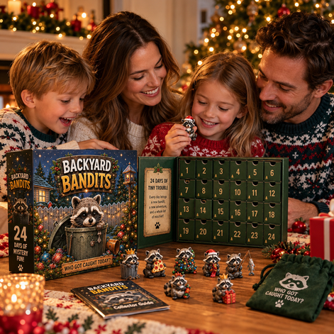 Waschbär Adventskalender aus Acryl mit weihnachtlichen 2D-Motiven – Raconiva