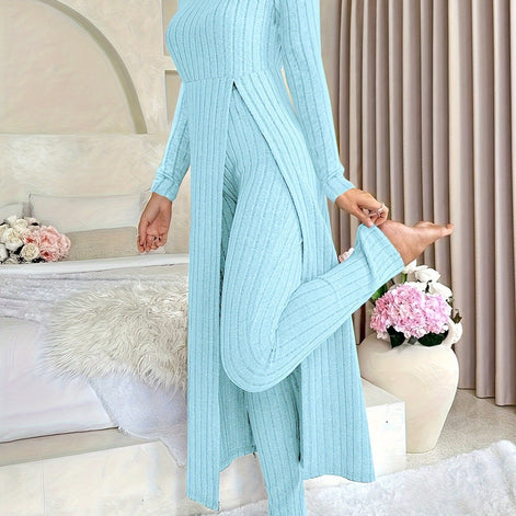 Plaid Zweiteiler – Rundhals-Top mit Schlitz & passende Hose